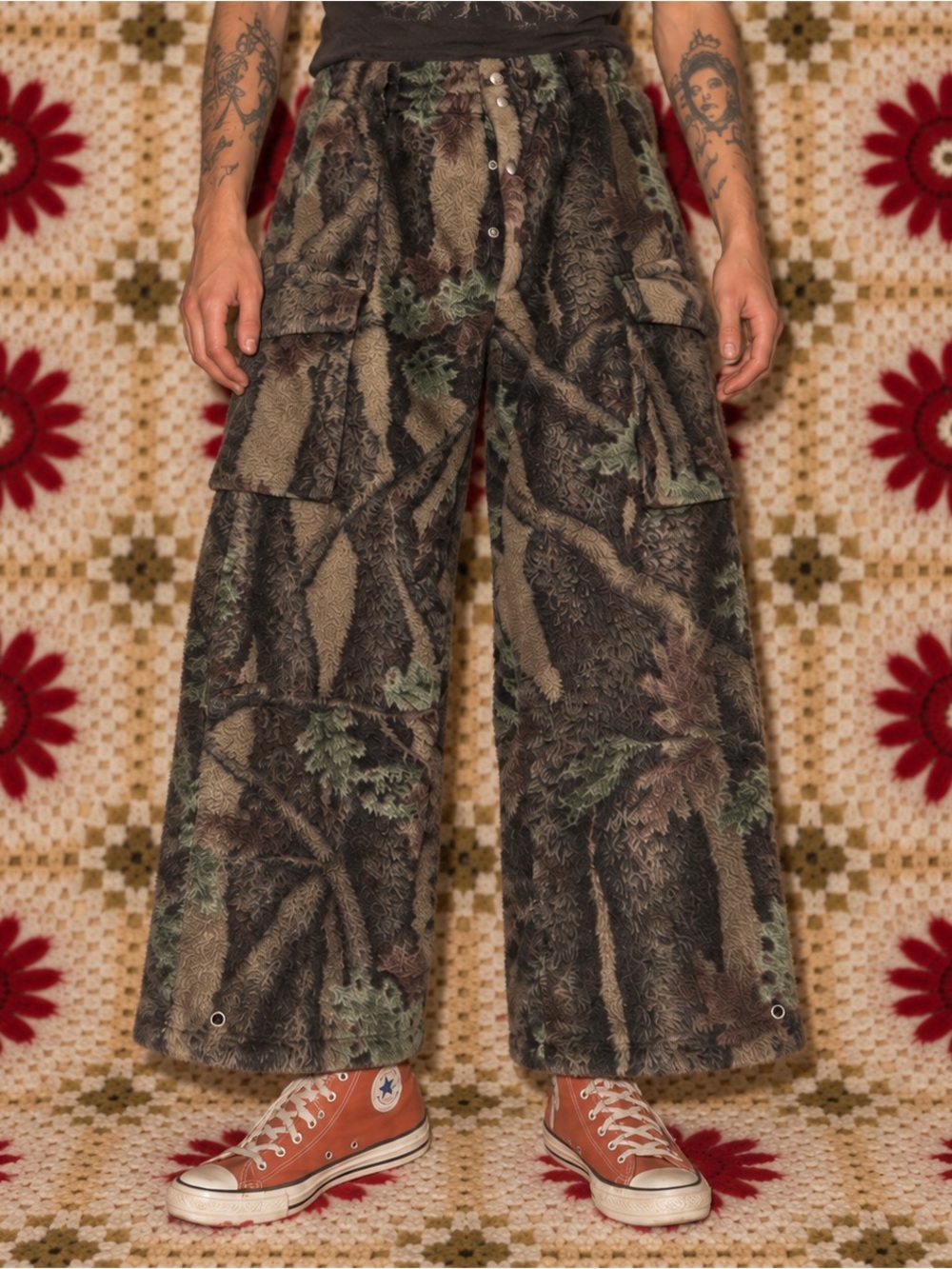Vintage Thermo King Camo Fleece Cargo Pants Baggy Wide Leg Unisex 34
